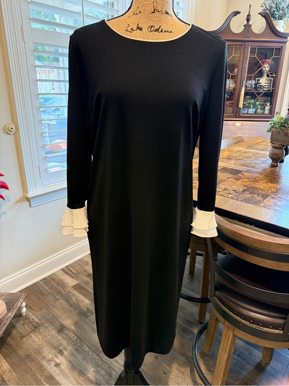 Karl Lagerfeld Paris Black Midi Shift Dress with Off-White Ruffle Cuffs